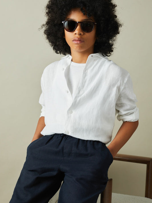 9-13 yrs Striped Linen Cutaway Collar Shirt in White | Reiss Children & Baby Exclusive