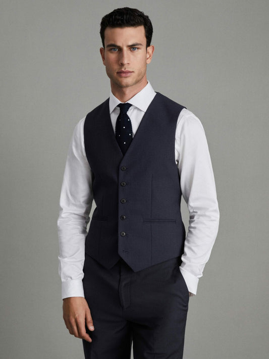 Modern Fit Wool Blend Waistcoat in Navy | Reiss Men Popular