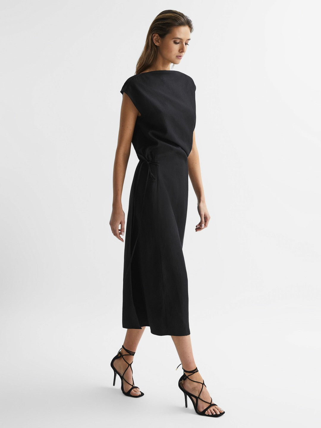 Premium Linen Blend Open-Back Midi Dress in Black | Reiss Women Recommended