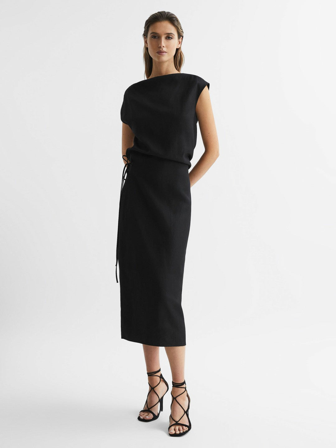 Premium Linen Blend Open-Back Midi Dress in Black | Reiss Women Recommended
