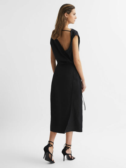 Premium Linen Blend Open-Back Midi Dress in Black | Reiss Women Recommended