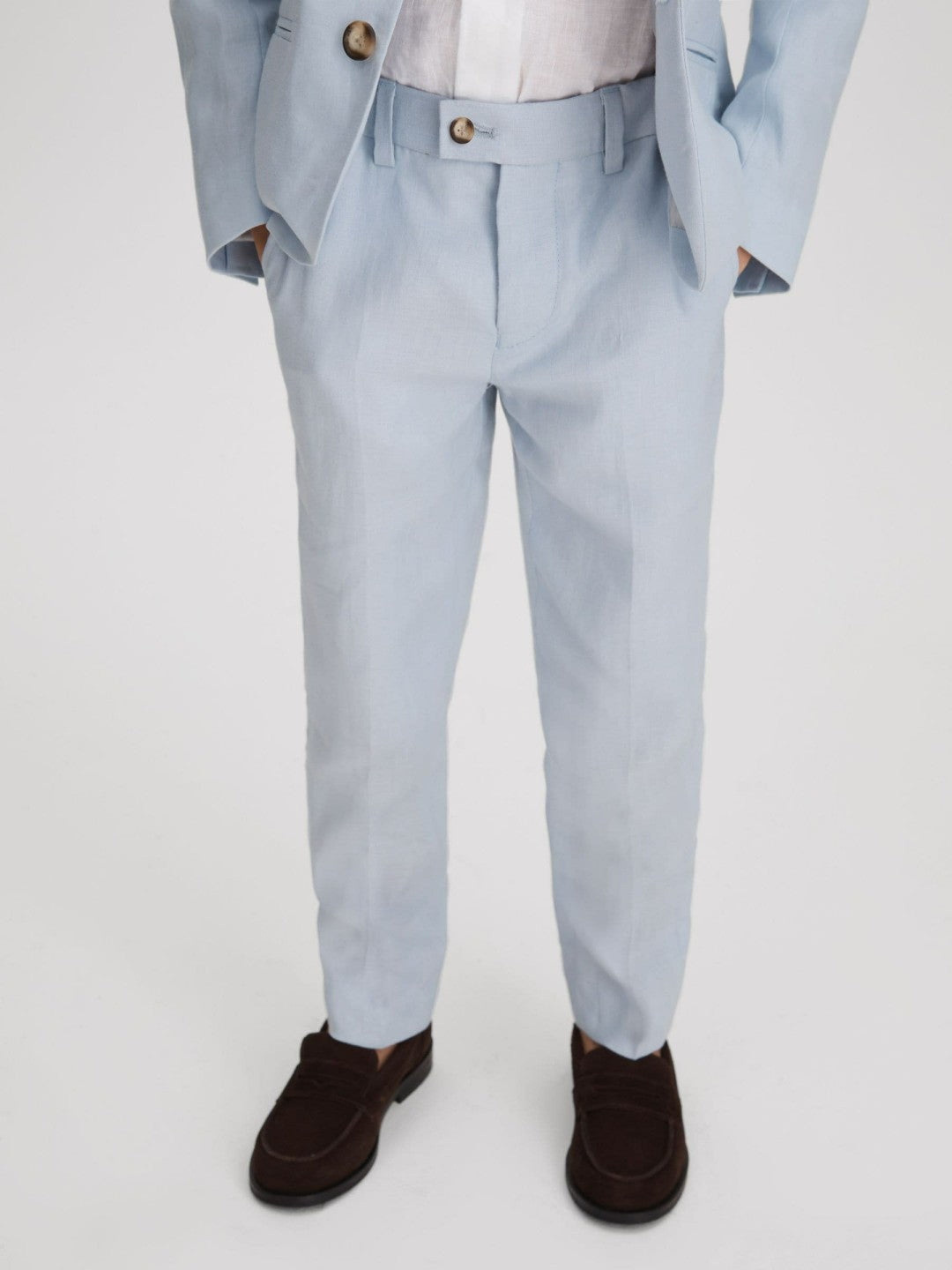 9-13 yrs Slim Fit Linen Adjustable Trousers in Soft Blue | Reiss Children & Baby Signature
