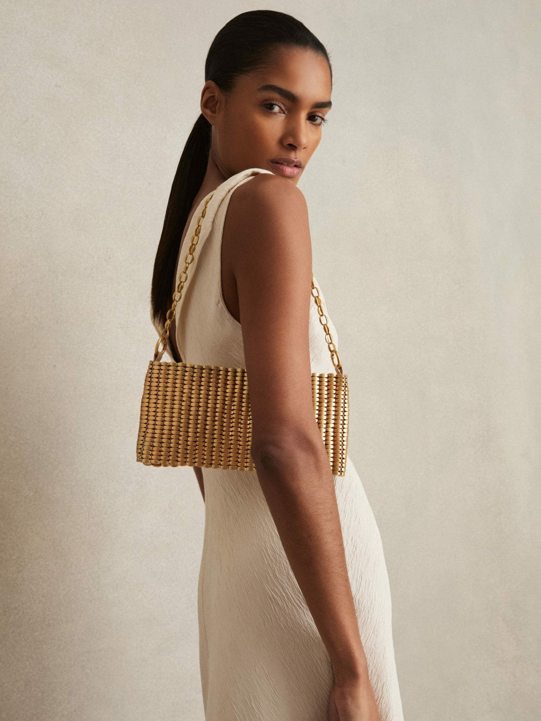Beaded Removable Strap Shoulder Bag in Gold | Reiss Women Recommended