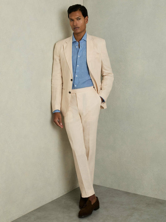 Slim Fit Linen Adjuster Trousers in Stone | Reiss Men Best Seller