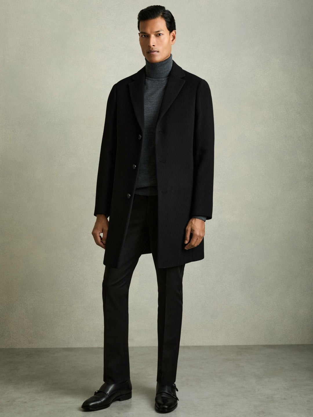 Wool Blend Single Breasted Epsom Overcoat in Black | Reiss Men New