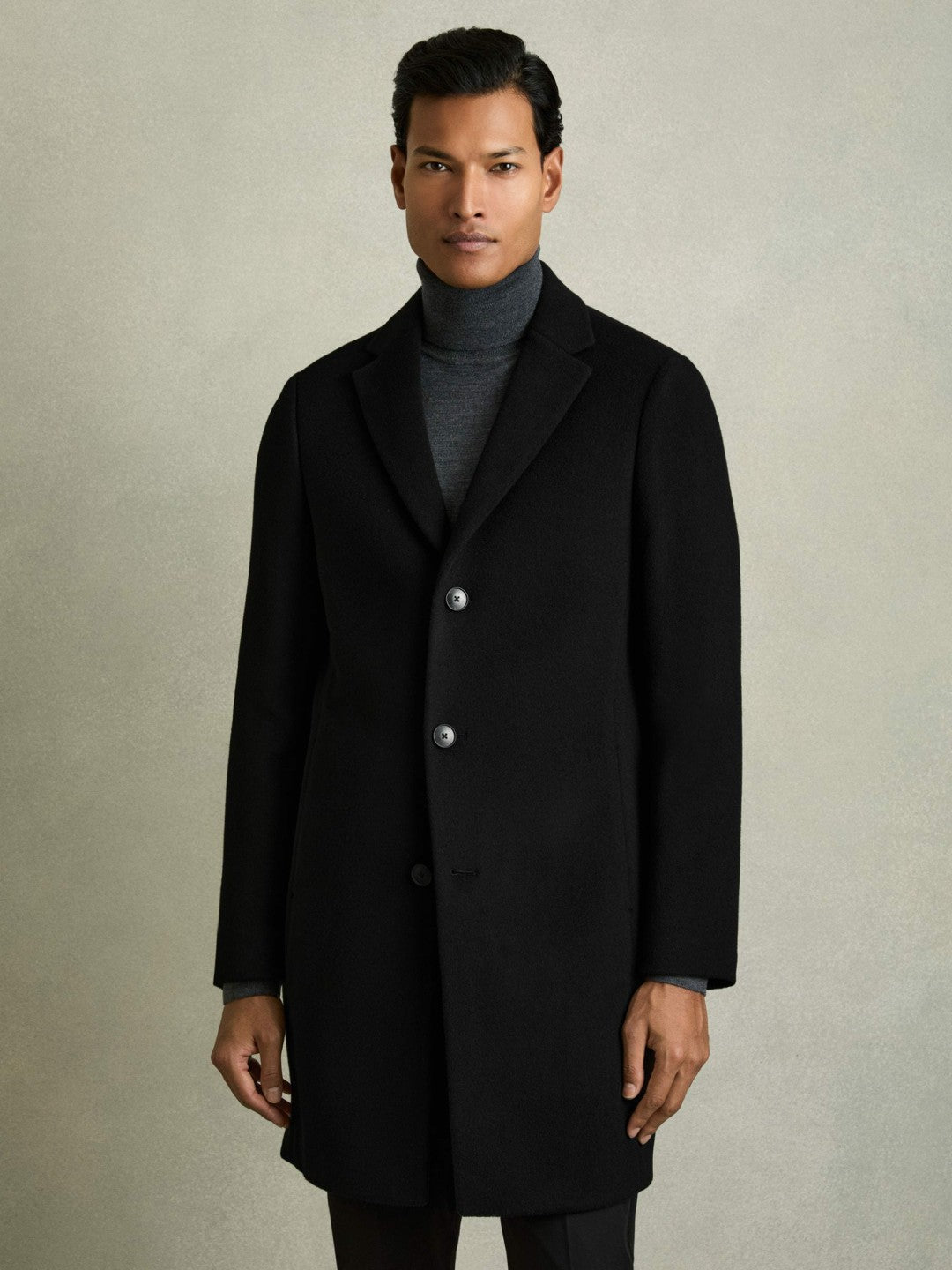 Wool Blend Single Breasted Epsom Overcoat in Black | Reiss Men New