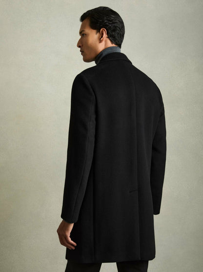 Wool Blend Single Breasted Epsom Overcoat in Black | Reiss Men New