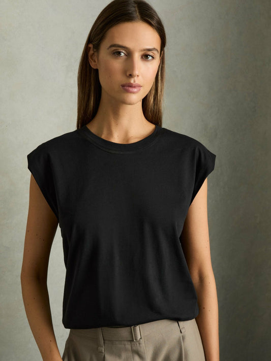 Cotton Capped Sleeve T-Shirt in Black | Reiss Women Trending