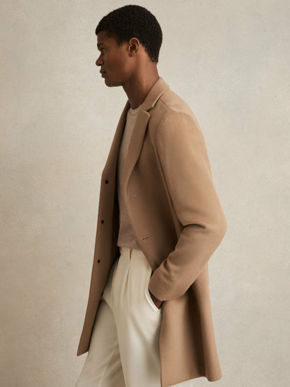 Wool Blend Single Breasted Epsom Overcoat in Camel | Reiss Men Trending