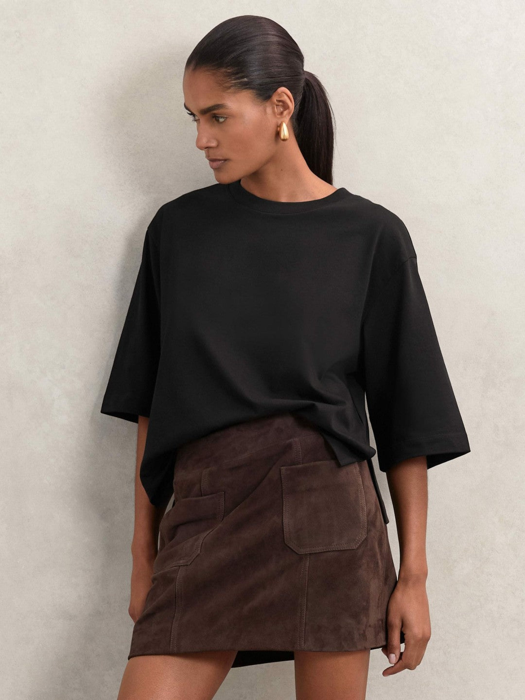 Oversized Cotton Crew Neck T-Shirt in Black | Reiss Women Trending
