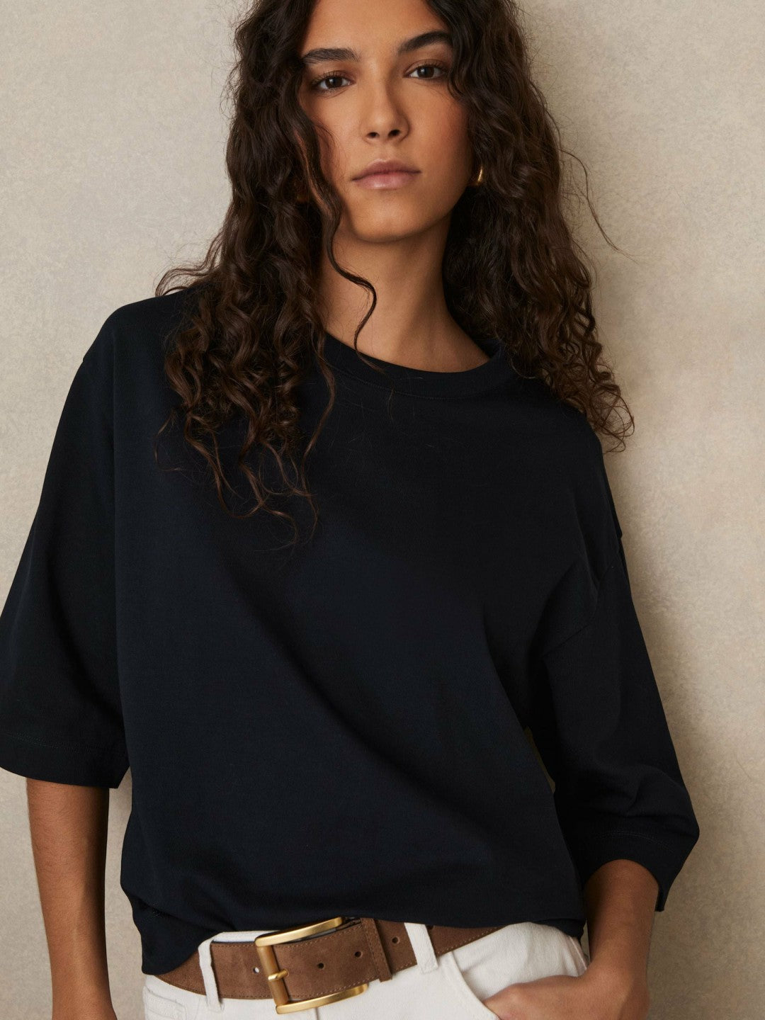 Oversized Cotton Crew Neck T-Shirt in Navy | Reiss Women Featured