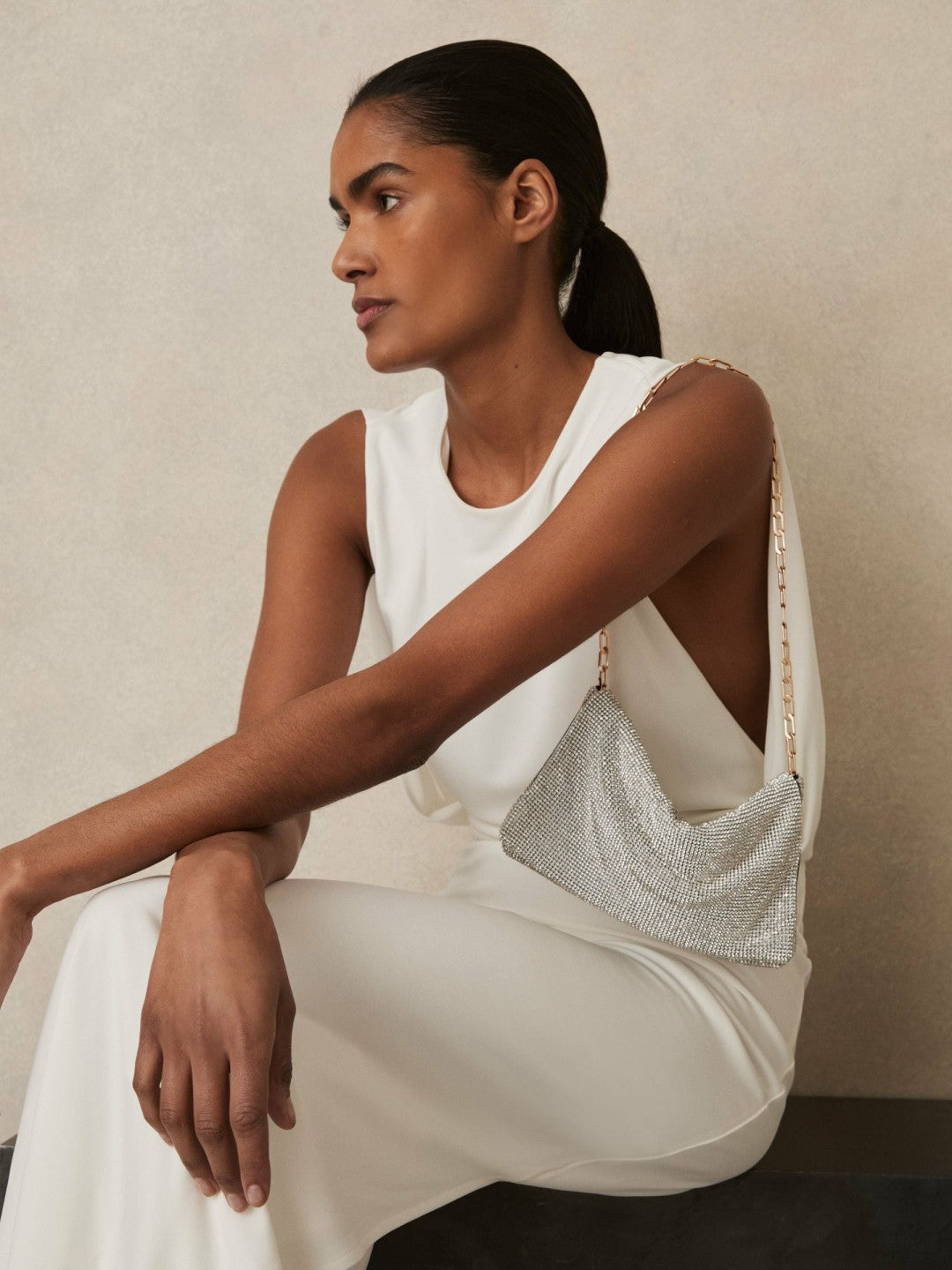 Embellished Chainmail Shoulder Bag in Silver | Reiss Women Featured