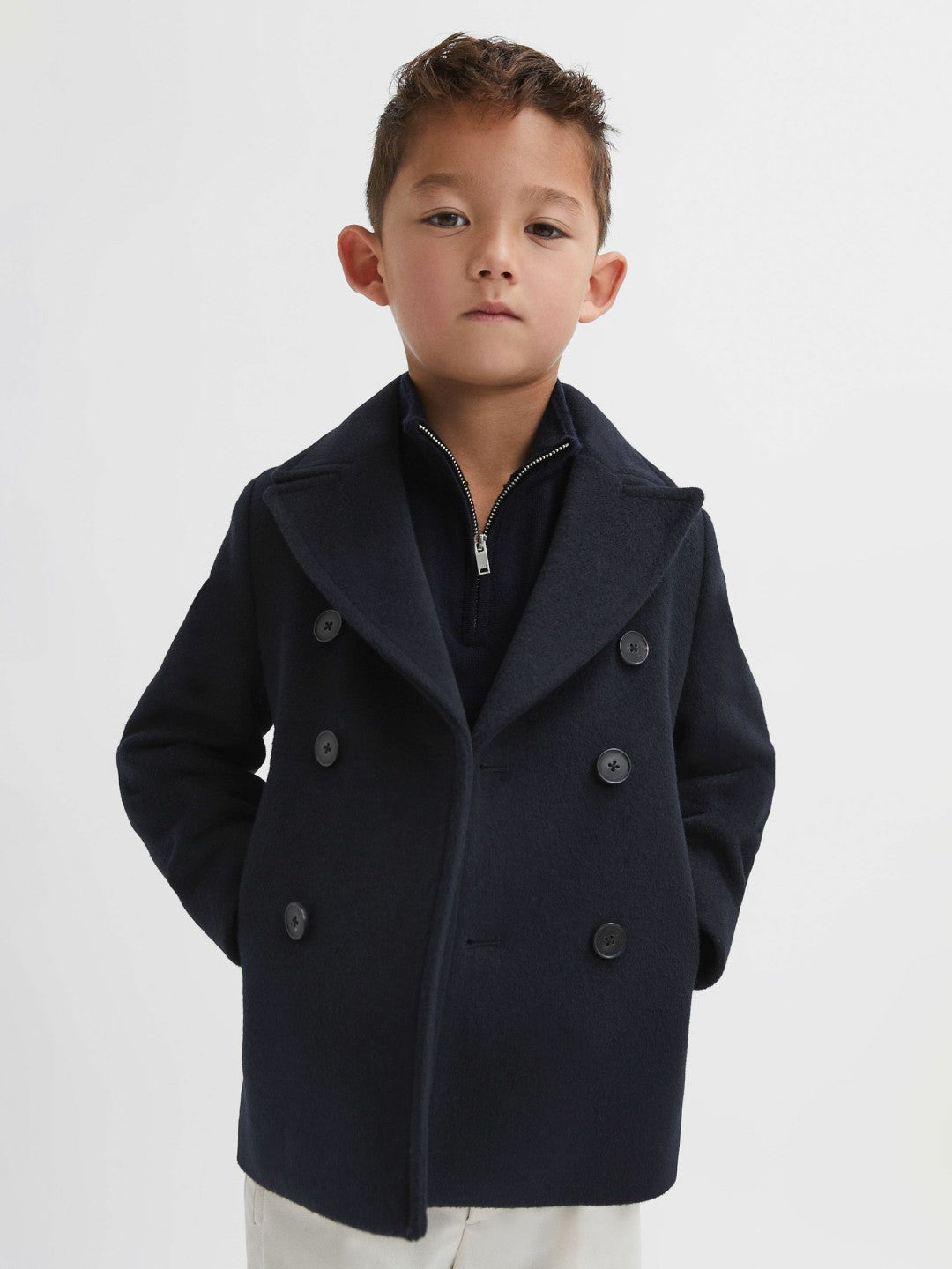 9-13 yrs Wool Blend Twill Double Breasted Coat in Navy | Reiss Children & Baby Featured