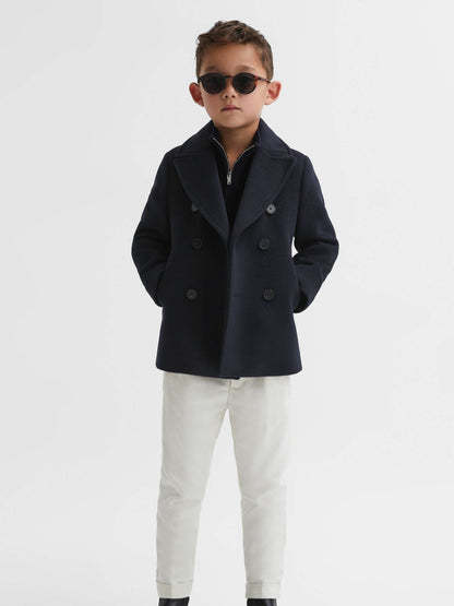 9-13 yrs Wool Blend Twill Double Breasted Coat in Navy | Reiss Children & Baby Featured