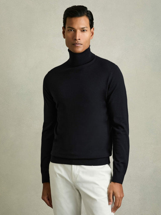 Slim Fit Merino Wool Roll Neck Jumper in Navy | Reiss Men Trending