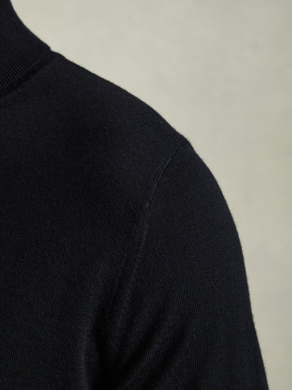 Slim Fit Merino Wool Roll Neck Jumper in Navy | Reiss Men Trending