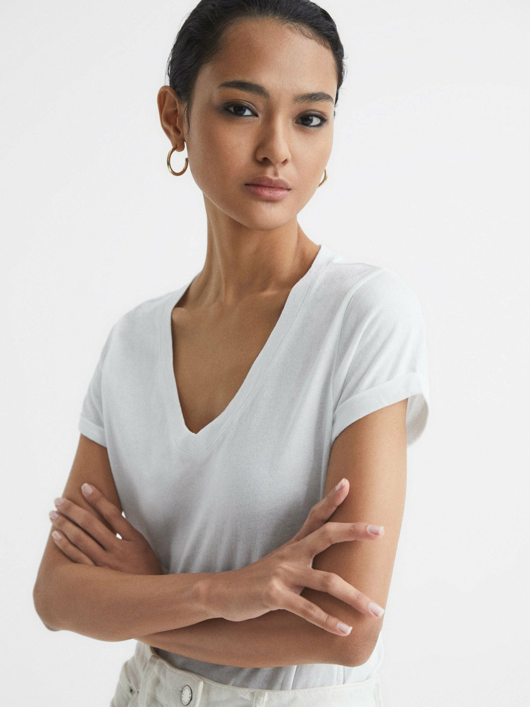 Cotton-Jersey V-Neck T-Shirt in White | Reiss Women Exclusive