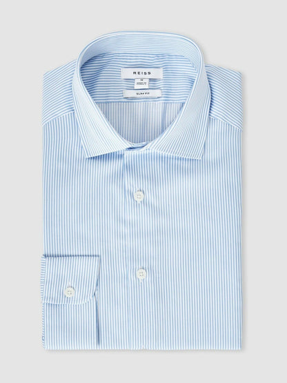 Slim Fit Cotton-Satin Cutaway-Collar Shirt in Blue Stripe | Reiss Men Recommended