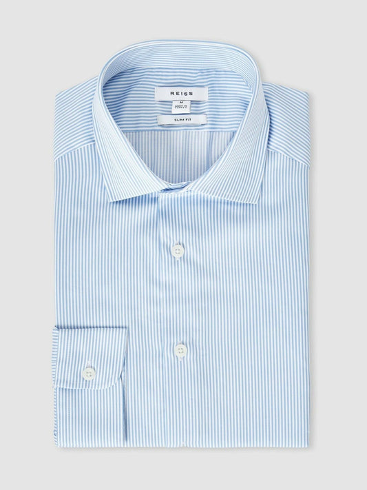 Slim Fit Cotton-Satin Cutaway-Collar Shirt in Blue Stripe | Reiss Men Recommended