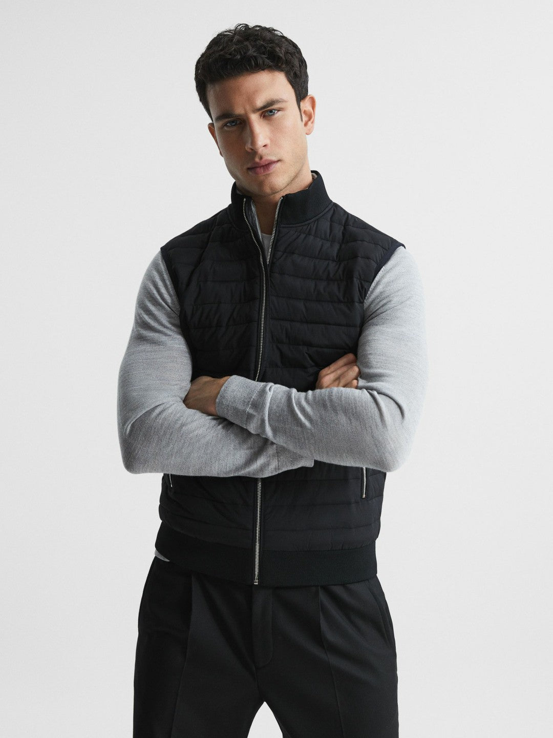 Hybrid Quilted Gilet in Black | Reiss Men Exclusive