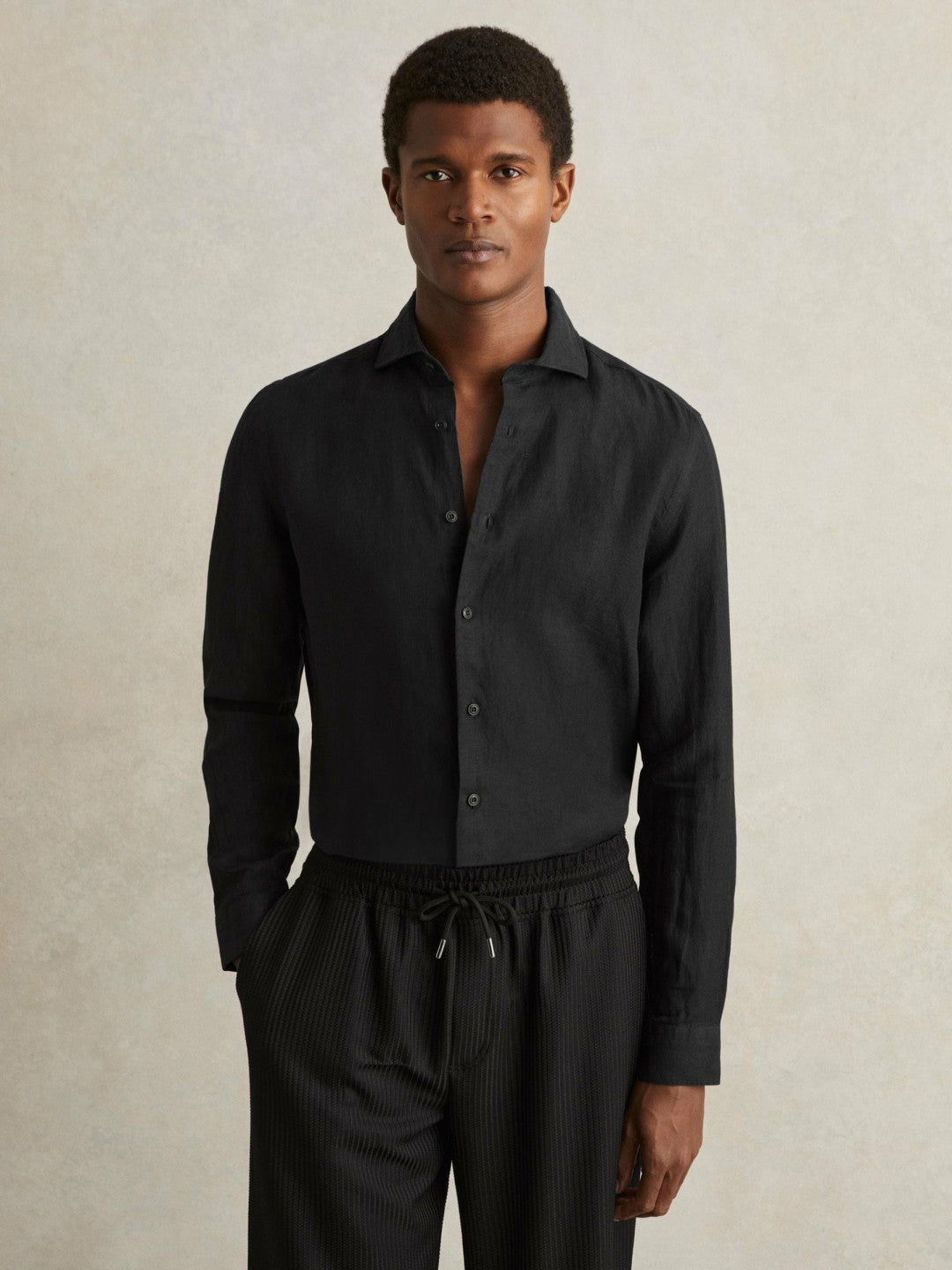 Linen Button-Through Shirt in Black | Reiss Men Signature