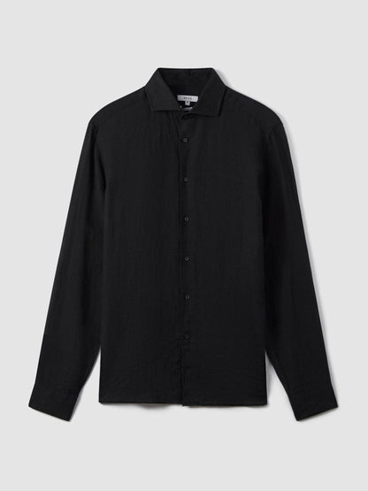 Linen Button-Through Shirt in Black | Reiss Men Signature