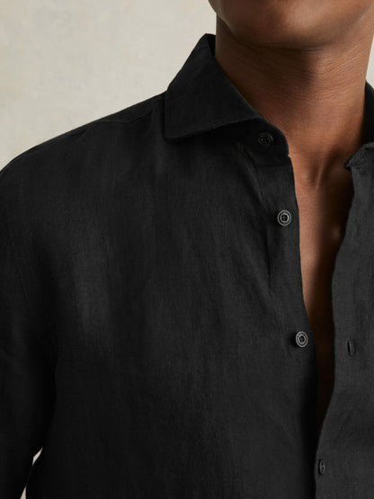 Linen Button-Through Shirt in Black | Reiss Men Signature