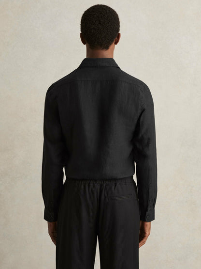 Linen Button-Through Shirt in Black | Reiss Men Signature