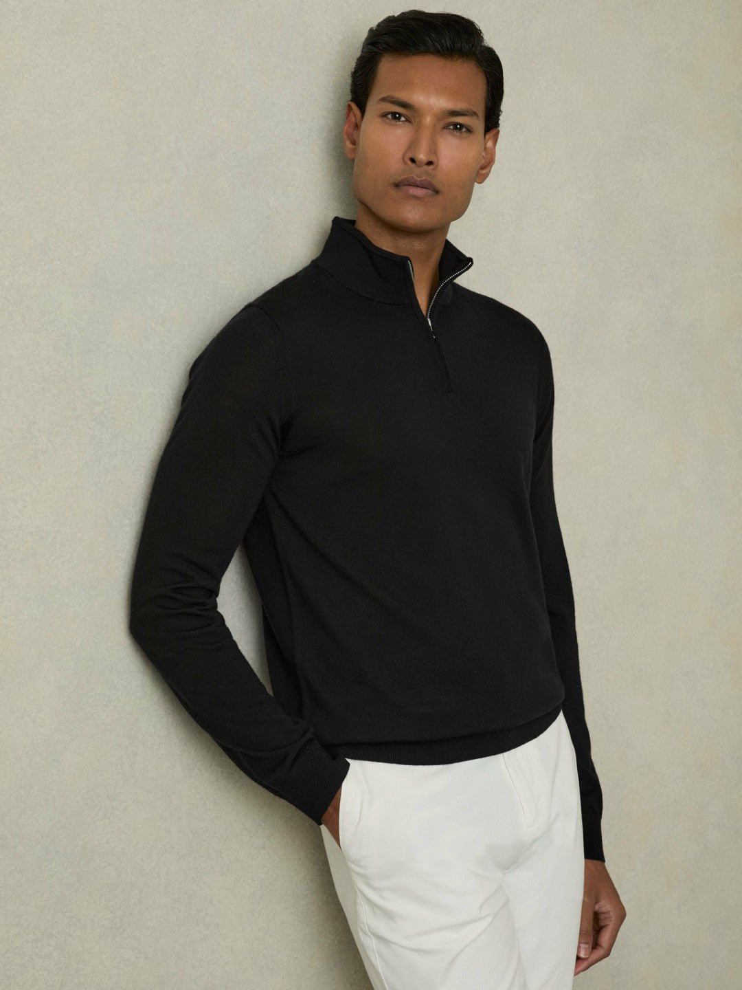 Merino Wool Half-Zip Jumper in Black | Reiss Men Exclusive