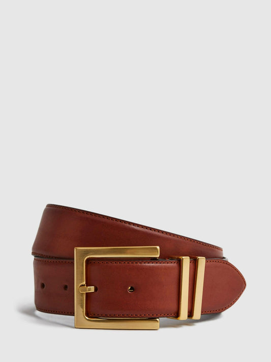 Leather Square Buckle Belt in Tan | Reiss Women New