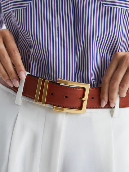 Leather Square Buckle Belt in Tan | Reiss Women New