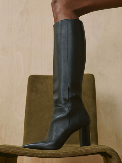 Block Heel Knee High Boots in Black | Reiss Women Popular