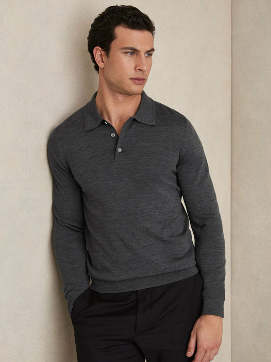Merino Wool Polo Shirt in Derby Grey Marl | Reiss Men Signature