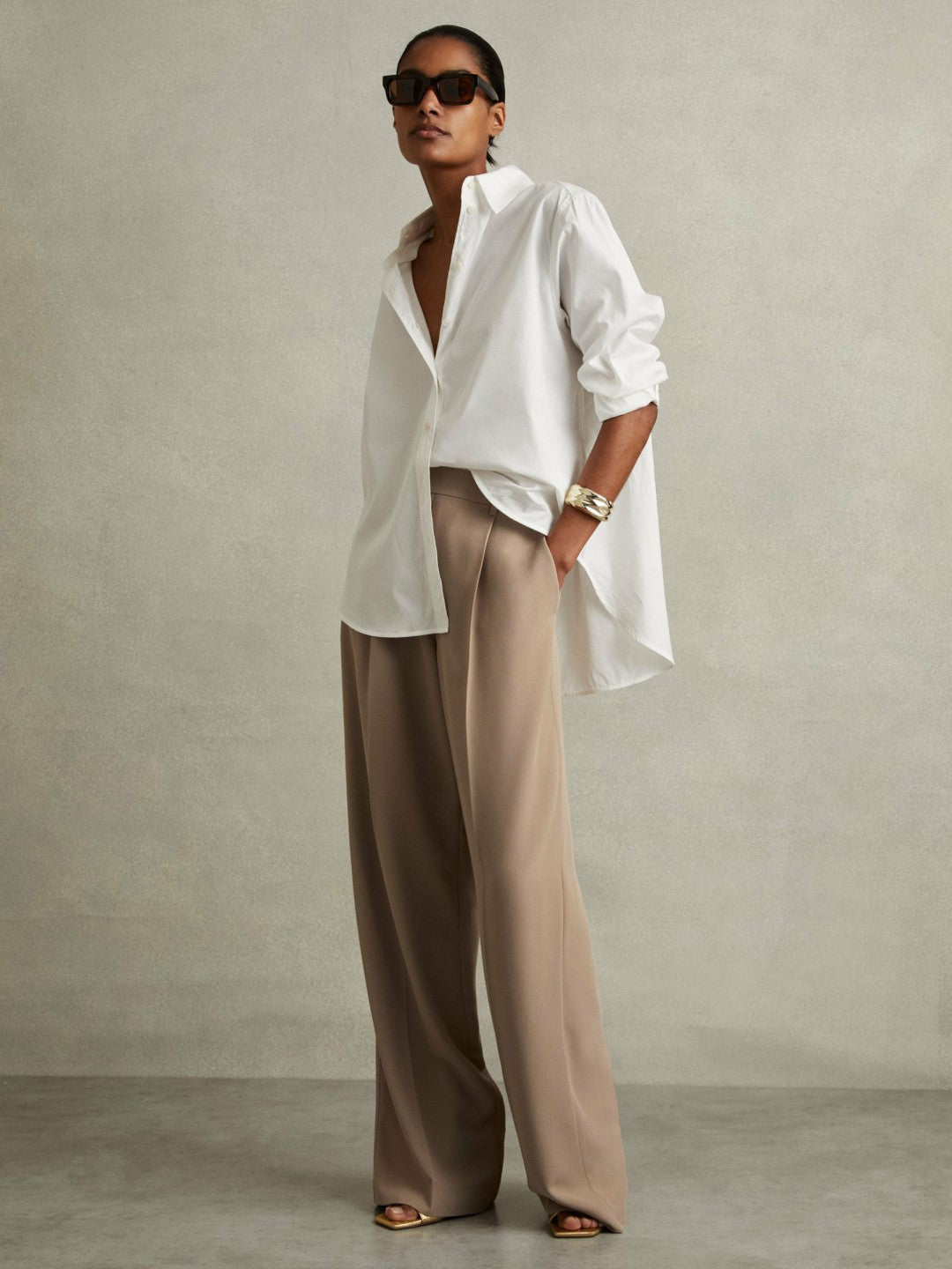 Half-Elasticated Wide Leg Trousers in Mink Neutral | Reiss Women Exclusive