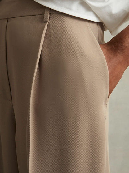 Half-Elasticated Wide Leg Trousers in Mink Neutral | Reiss Women Exclusive