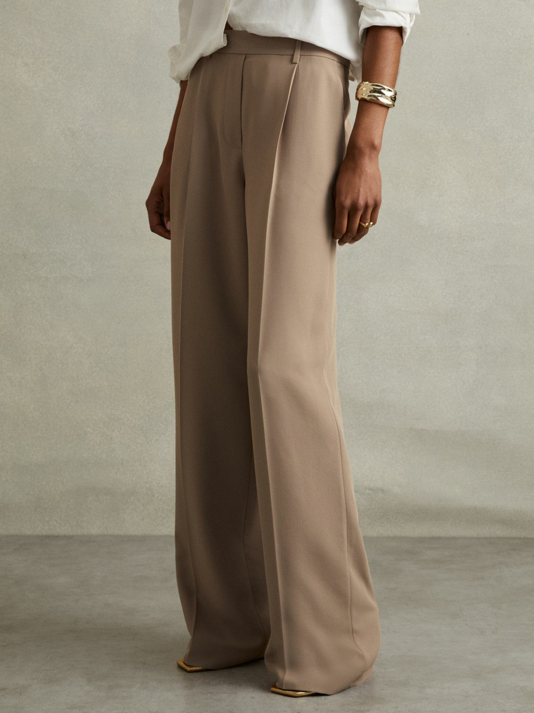Half-Elasticated Wide Leg Trousers in Mink Neutral | Reiss Women Exclusive