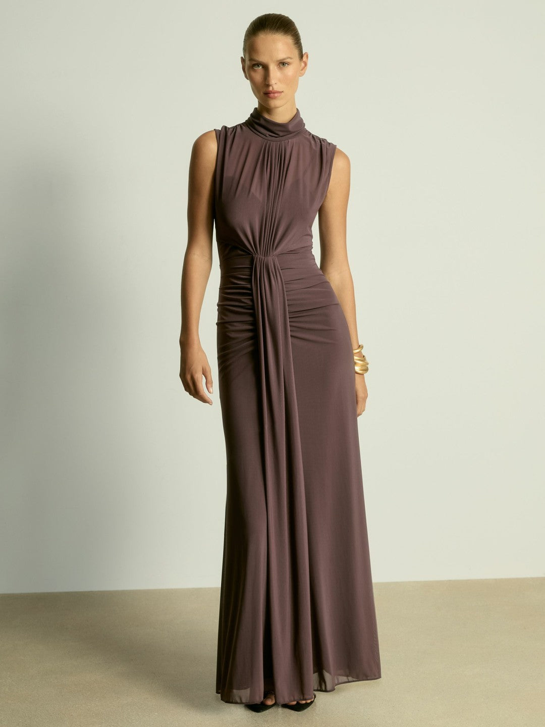 Sheer Ruched Maxi Dress in Taupe | Reiss Women Popular