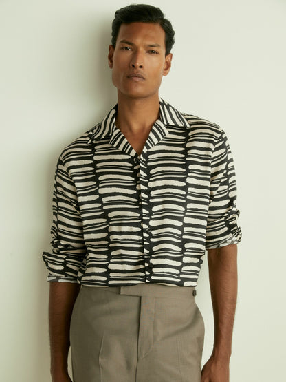 Abstract-Print Twill Cuban-Collar Shirt in Black/White | Reiss Men Best Seller