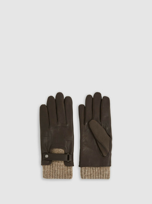 Leather Ribbed-Cuff Gloves in Dark Brown | Reiss Men Premium