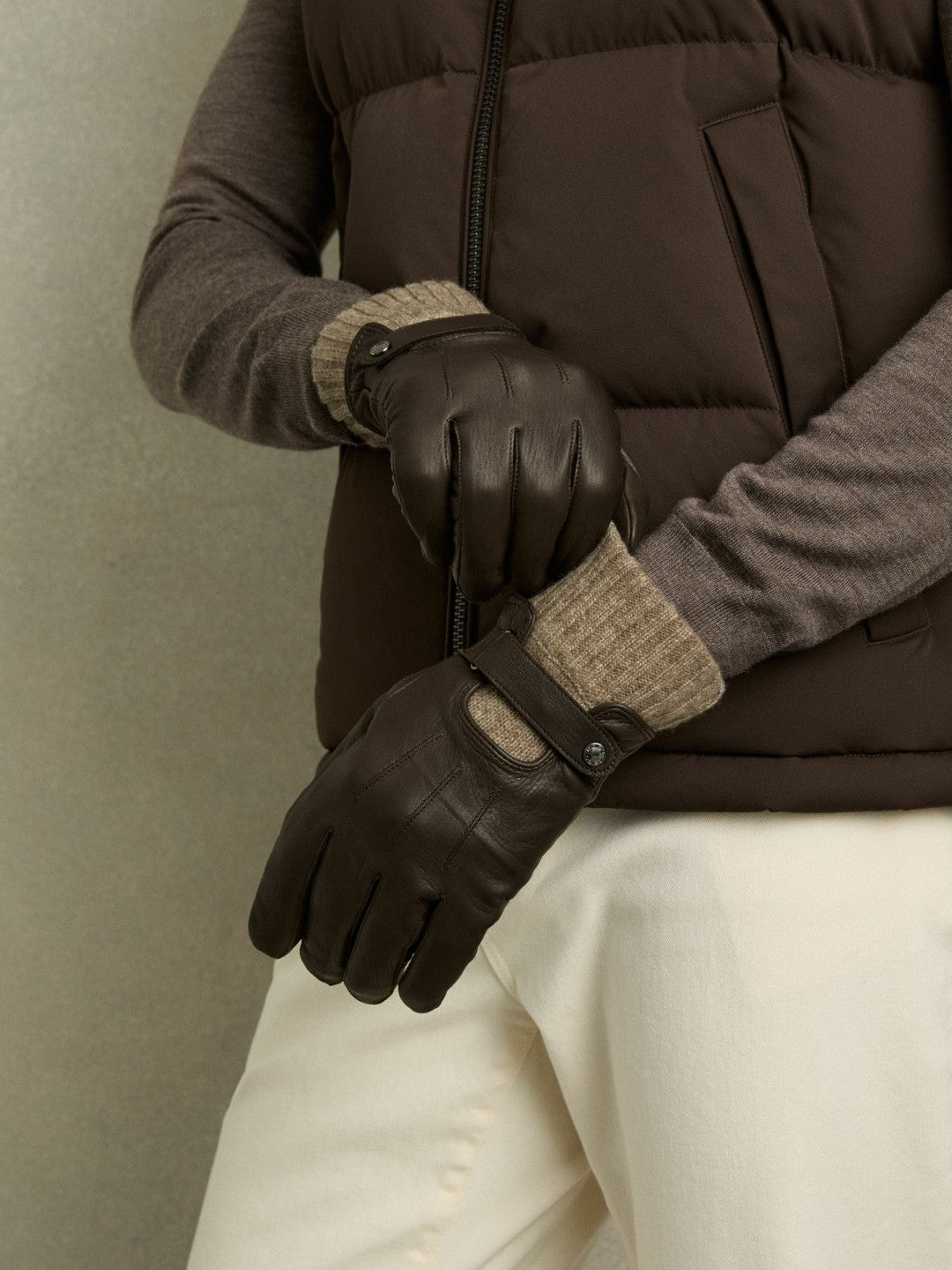 Leather Ribbed-Cuff Gloves in Dark Brown | Reiss Men Premium
