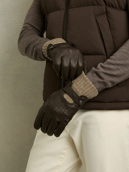 Leather Ribbed-Cuff Gloves in Dark Brown | Reiss Men Premium