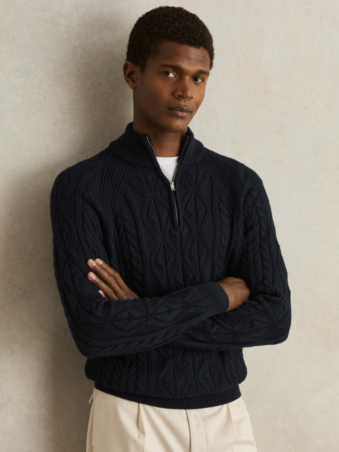 Cable-Knit Half-Zip Jumper in Navy | Reiss Men New
