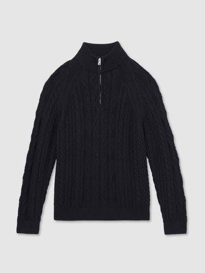 Cable-Knit Half-Zip Jumper in Navy | Reiss Men New