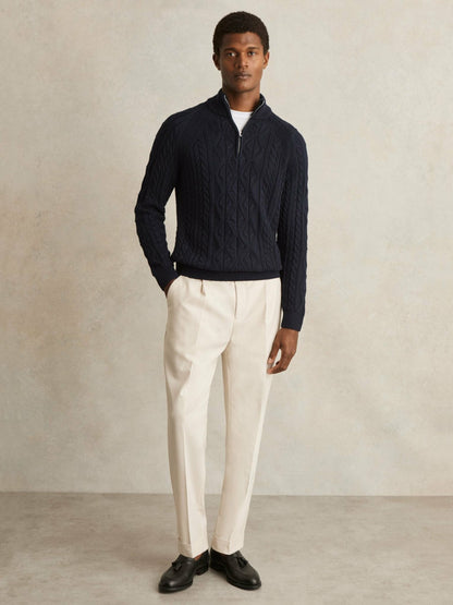 Cable-Knit Half-Zip Jumper in Navy | Reiss Men New