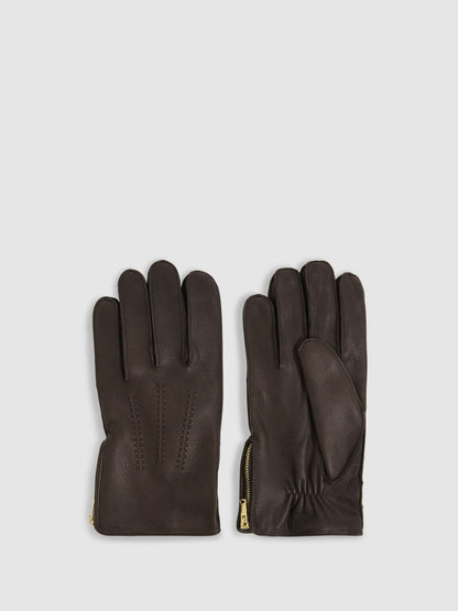 Leather Zip-Side Gloves in Dark Brown | Reiss Men Popular