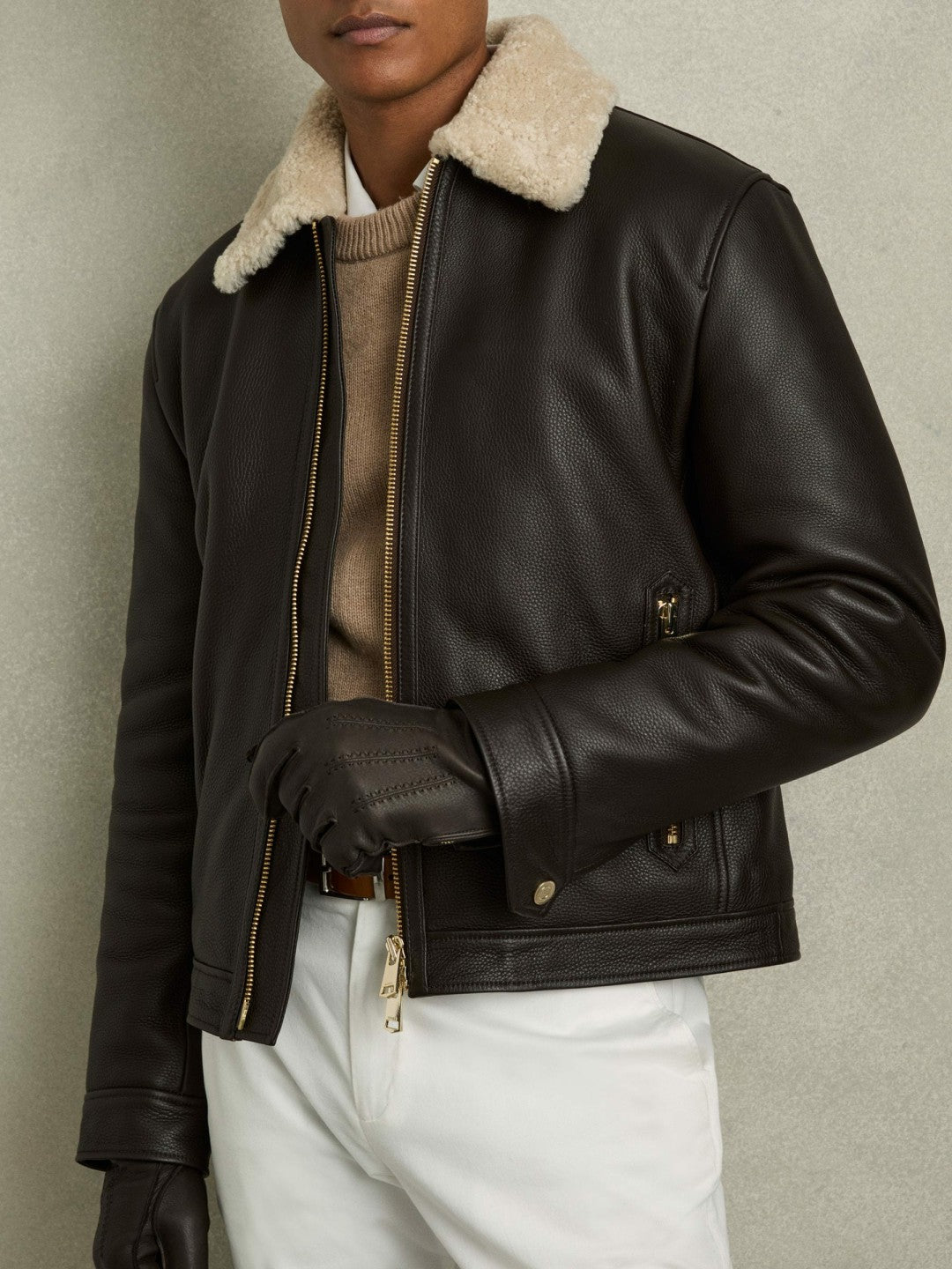 Leather Zip-Side Gloves in Dark Brown | Reiss Men Popular