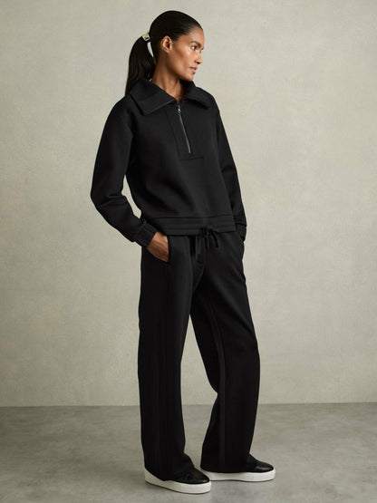 Interlock Half-Zip Drawstring-Hem Sweatshirt in Black | Reiss Women Premium