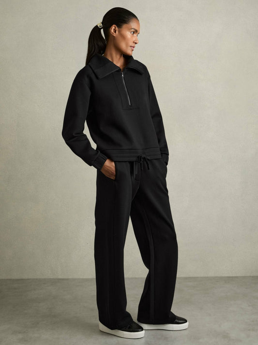 Interlock Half-Zip Drawstring-Hem Sweatshirt in Black | Reiss Women Premium