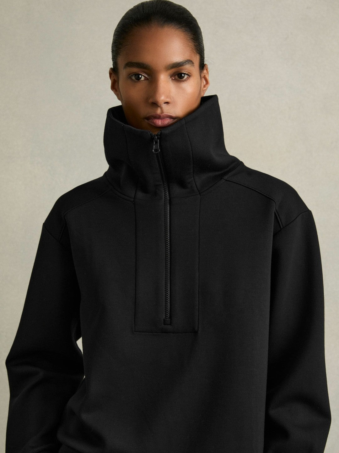 Interlock Half-Zip Drawstring-Hem Sweatshirt in Black | Reiss Women Premium