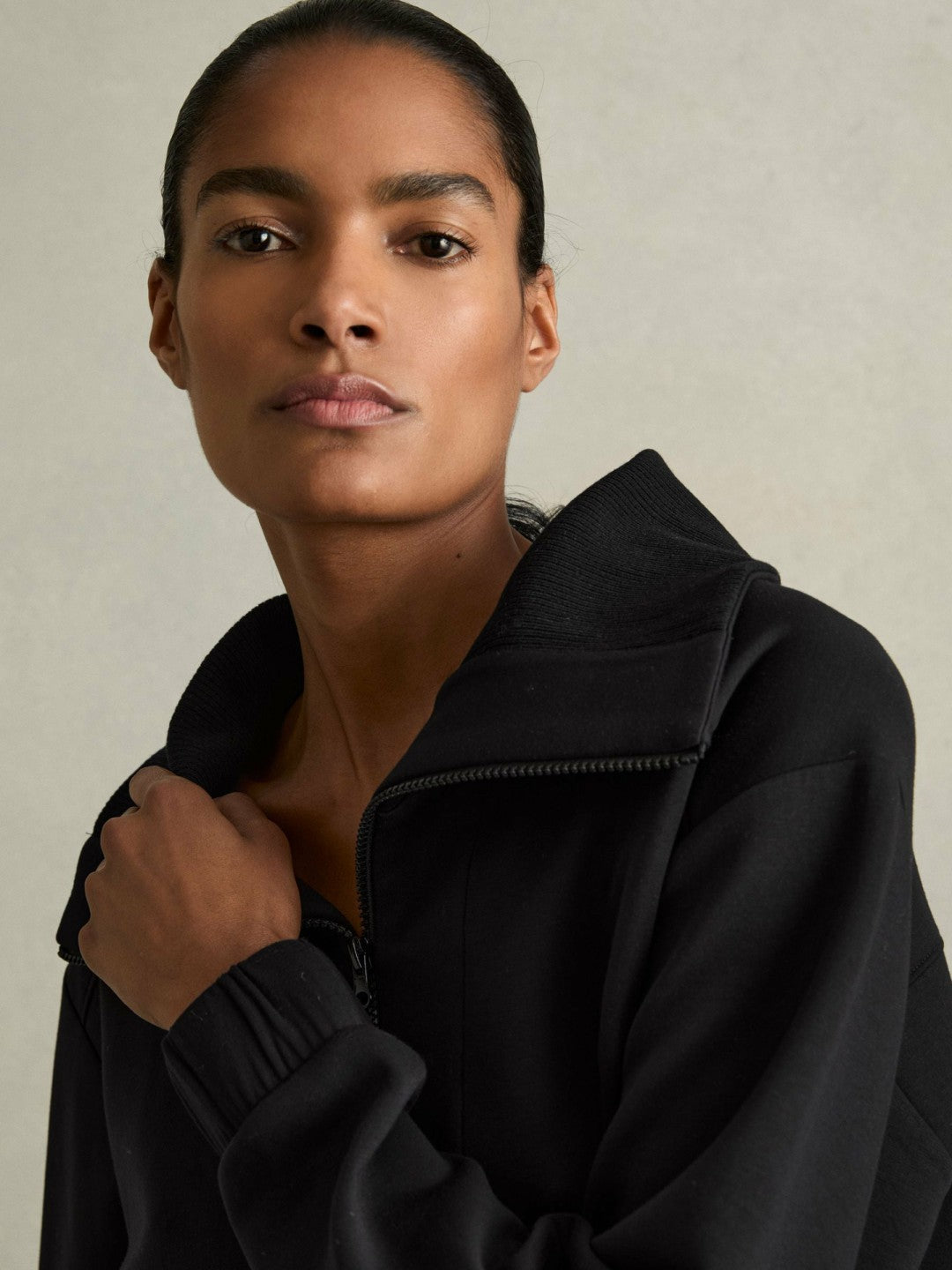 Interlock Half-Zip Drawstring-Hem Sweatshirt in Black | Reiss Women Premium